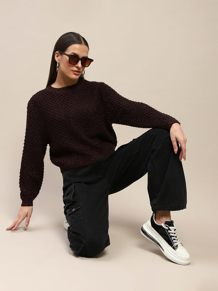 Madame Textured Solid Brown Full Sleeve Sweater