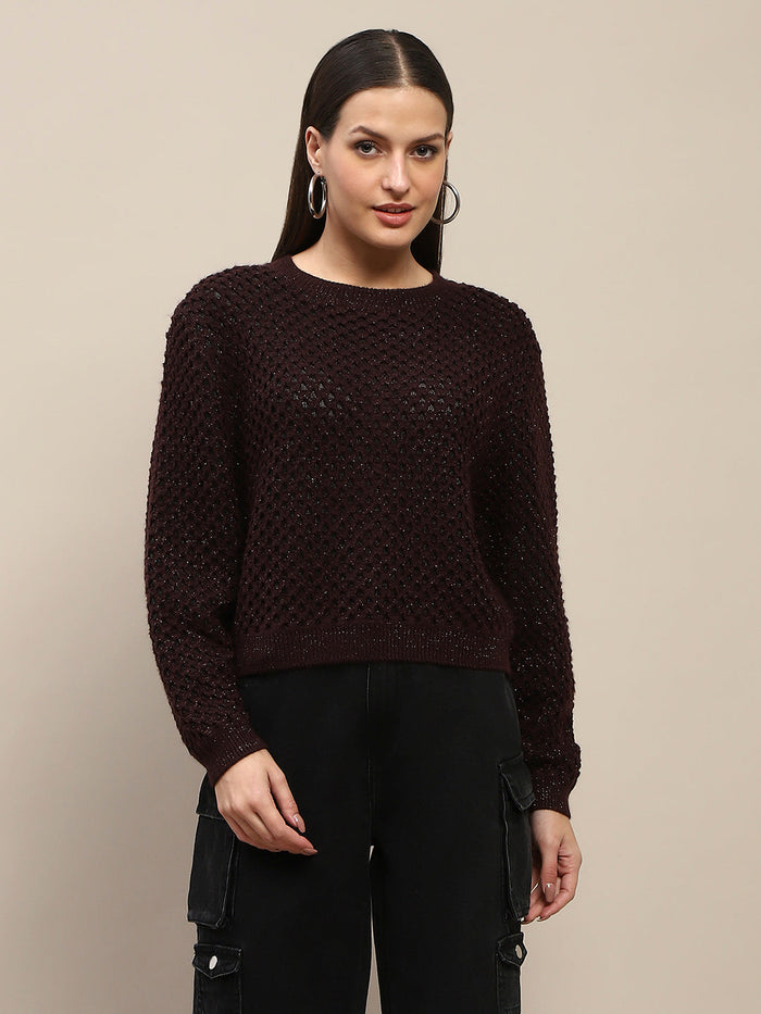Madame Textured Solid Brown Full Sleeve Sweater