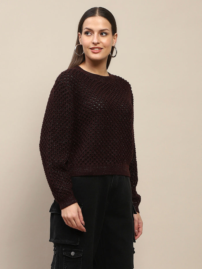 Madame Textured Solid Brown Full Sleeve Sweater