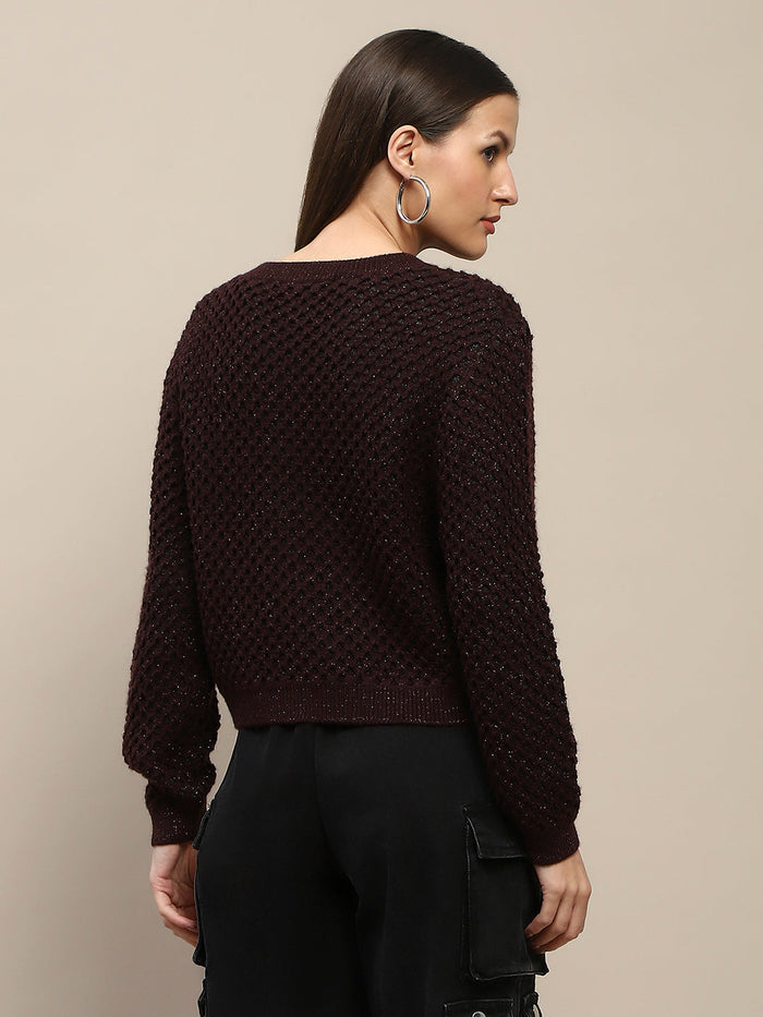 Madame Textured Solid Brown Full Sleeve Sweater