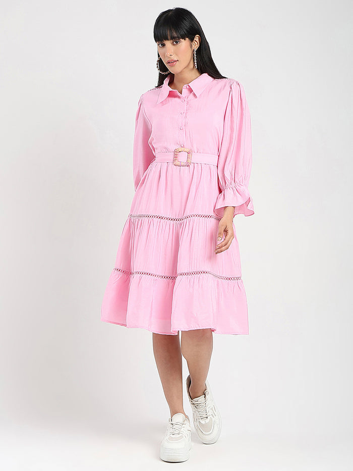 Madame Tiered Pink Rayon Blend Fit and Flare Mini Dress