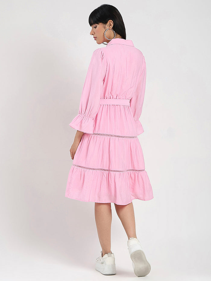Madame Tiered Pink Rayon Blend Fit and Flare Mini Dress