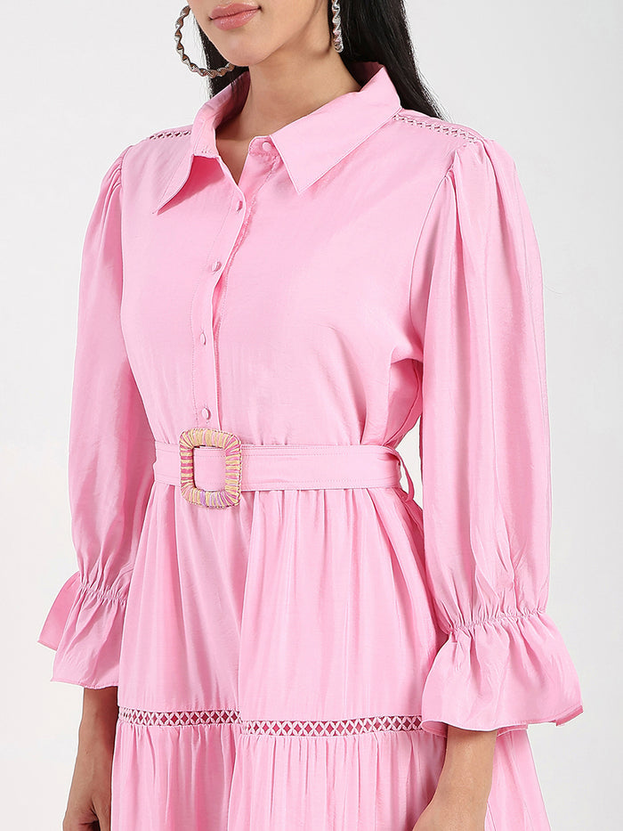 Madame Tiered Pink Rayon Blend Fit and Flare Mini Dress