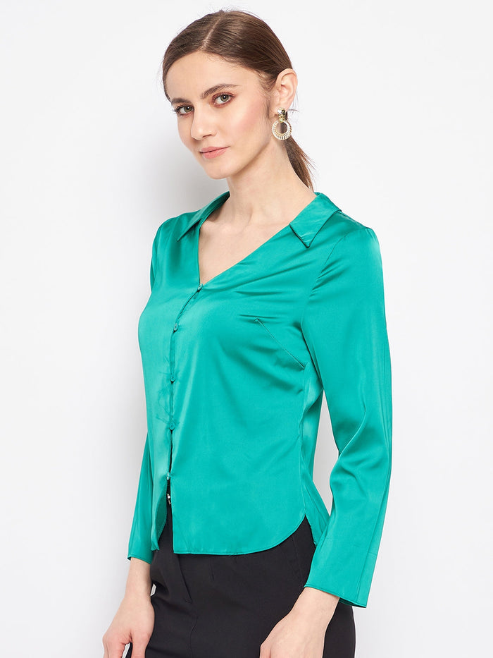 Madame V-Neck Solid Green Satin Shirt