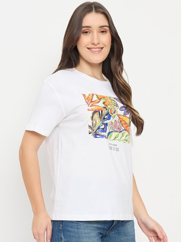 Madame White Graphic Print Cotton Round Neck T-Shirt