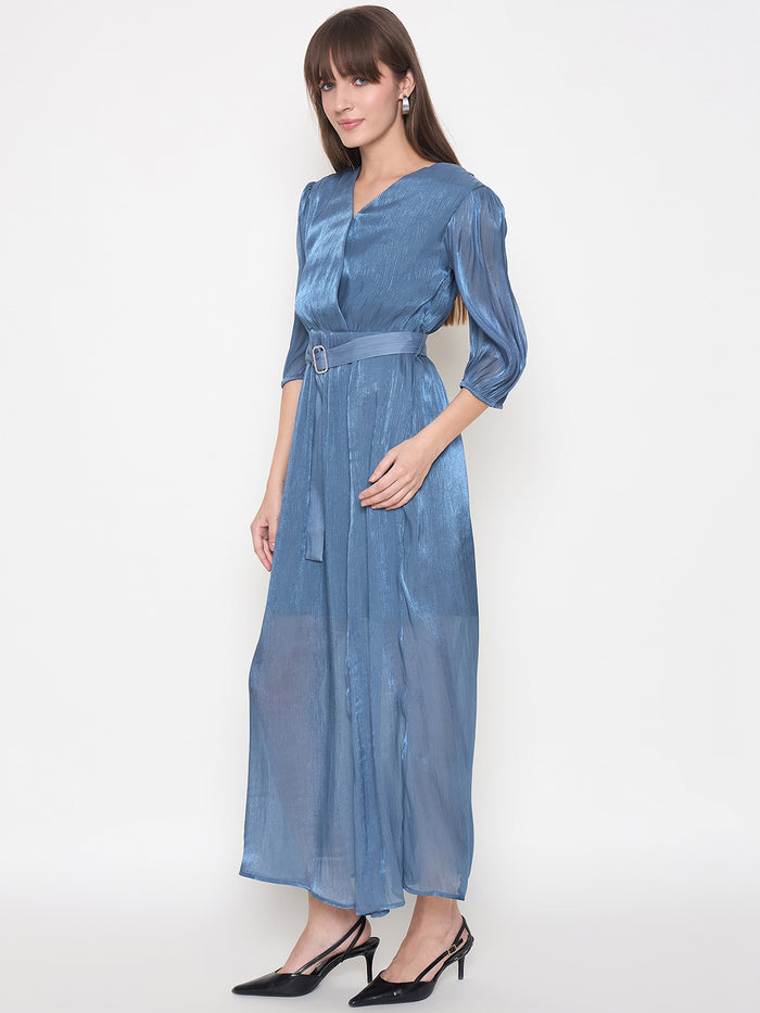 Madame Wrinkled Lurex Self Design Belted Blue Maxi Dress