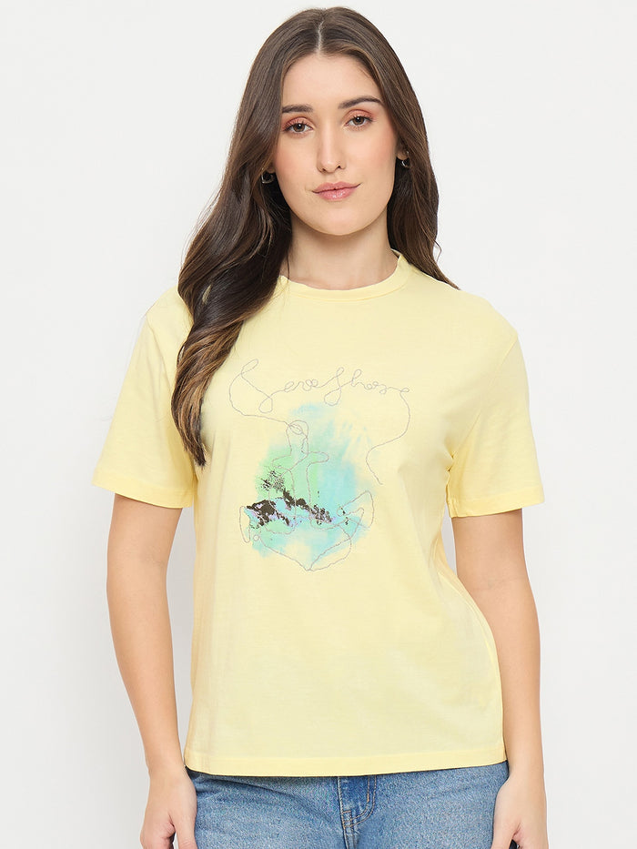 Madame Yellow Graphic Print Cotton T-Shirt