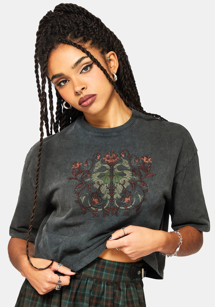 Mai Twin Flame Embroidered Dragon Print Boxy Tee