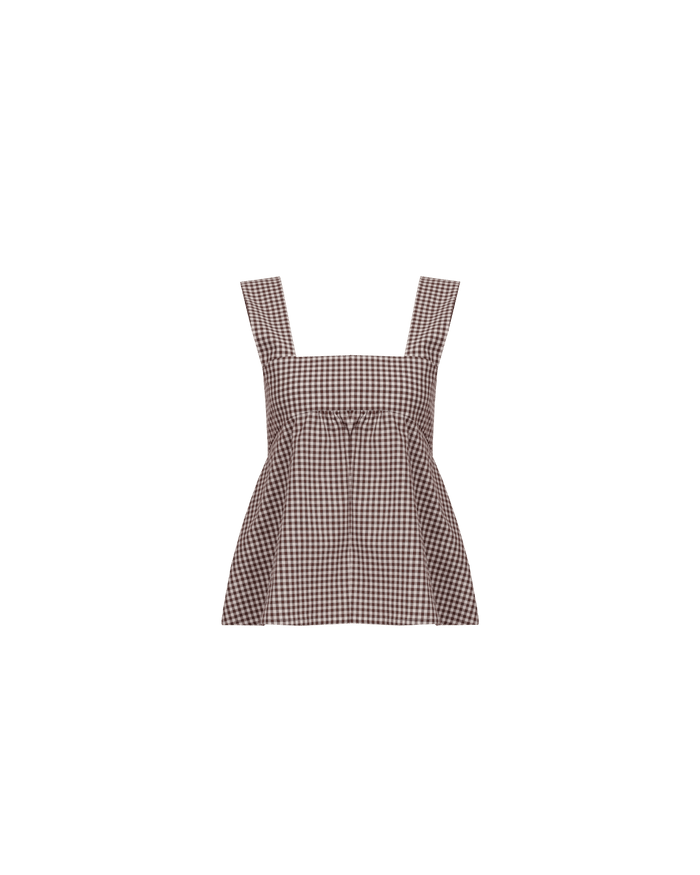 MARGIE TIE-BACK TOP BROWN GINGHAM