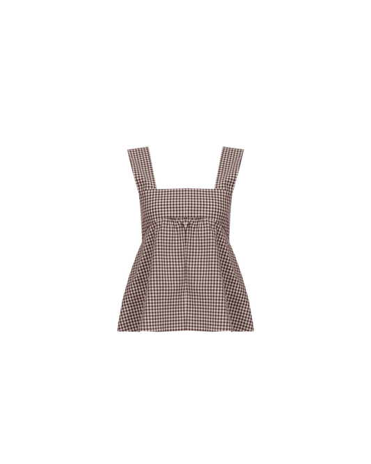 MARGIE TIE-BACK TOP BROWN GINGHAM