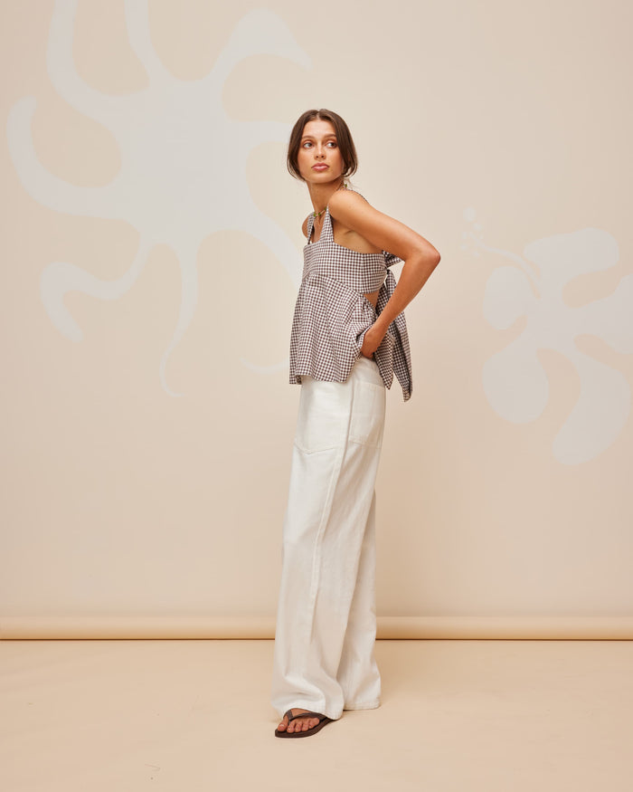 MARGIE TIE-BACK TOP BROWN GINGHAM
