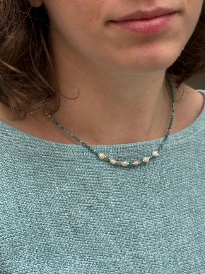 Teal Beaded Necklace with Pearls in the center