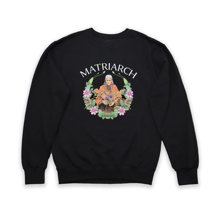 Matriarch Sweatshirt featuring a vibrant illustration celebrating Indigenous matriarchs and women's strength.