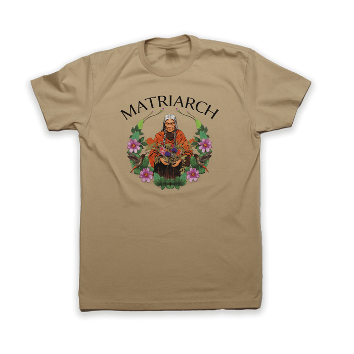 Matriarch Tee featuring a vibrant graphic honoring indigenous matriarchs and their strength.