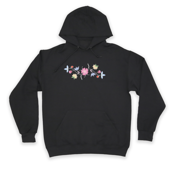 McPhee Floral Hoodie featuring Indigenous floral artwork on black fabric with a standard fit and front pocket.
