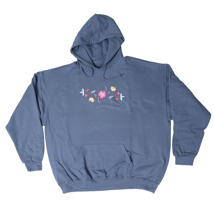 McPhee Floral Hoodie featuring Indigenous floral artwork on a blue background with a front pocket.