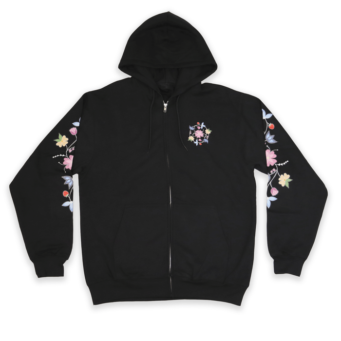 McPhee Floral Zip-Up Hoodie featuring a stunning floral design on sleeves, cozy fabric and zip-up closure for easy layering.