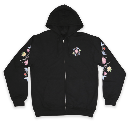 McPhee Floral Zip-Up Hoodie featuring a stunning floral design on sleeves, cozy fabric and zip-up closure for easy layering.