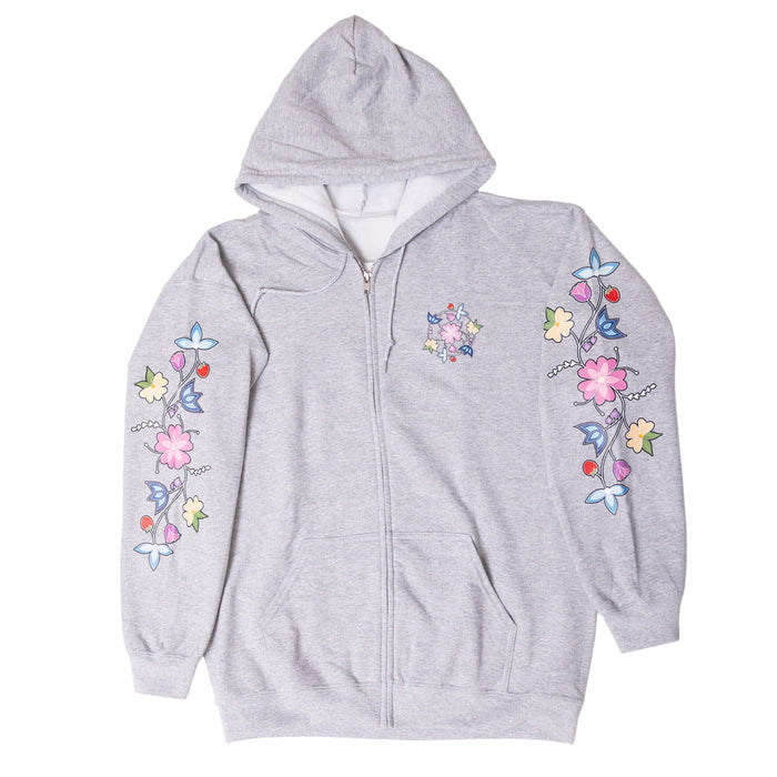 McPhee Floral Zip-Up Hoodie featuring a beautiful floral design on sleeves, perfect for stylish layering.
