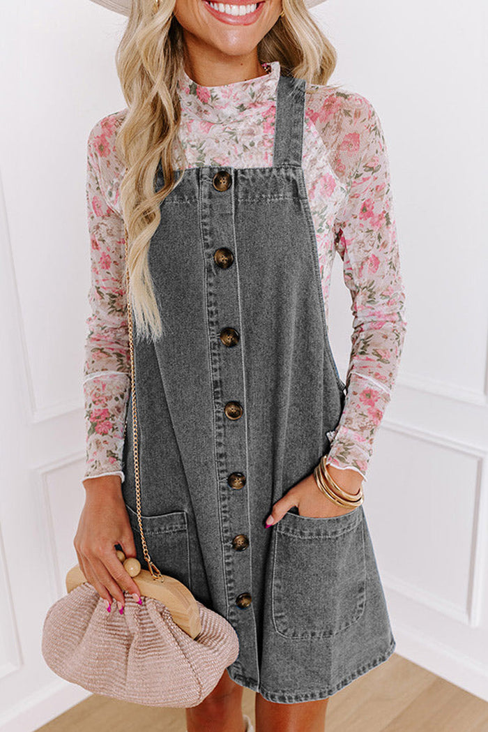 Medium Grey Wide Strap Button Front Pocketed Denim Mini Dress - Dresses/Mini Dresses