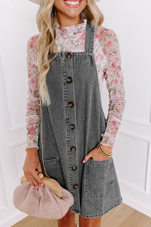 Medium Grey Wide Strap Button Front Pocketed Denim Mini Dress - Dresses/Mini Dresses