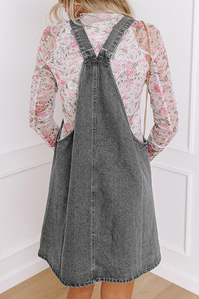 Medium Grey Wide Strap Button Front Pocketed Denim Mini Dress - Dresses/Mini Dresses