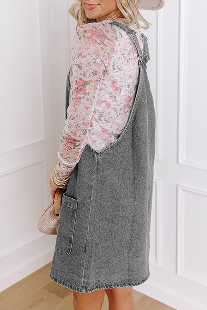 Medium Grey Wide Strap Button Front Pocketed Denim Mini Dress - Dresses/Mini Dresses