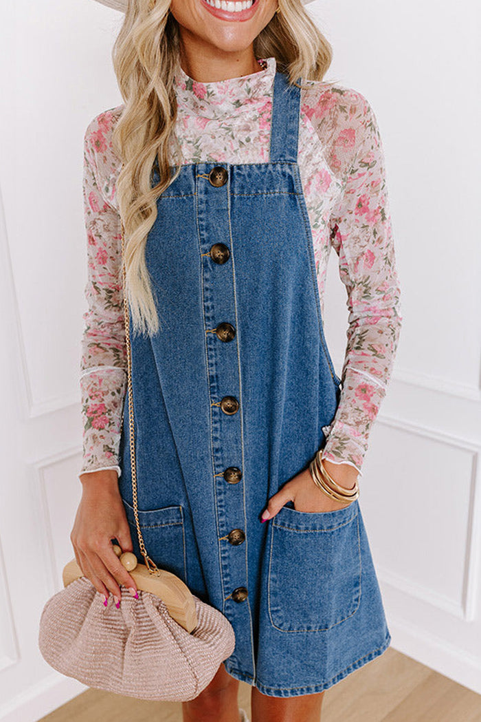 Medium Grey Wide Strap Button Front Pocketed Denim Mini Dress - DUSK BLUE / S / 75% COTTON + 25% POLYESTER