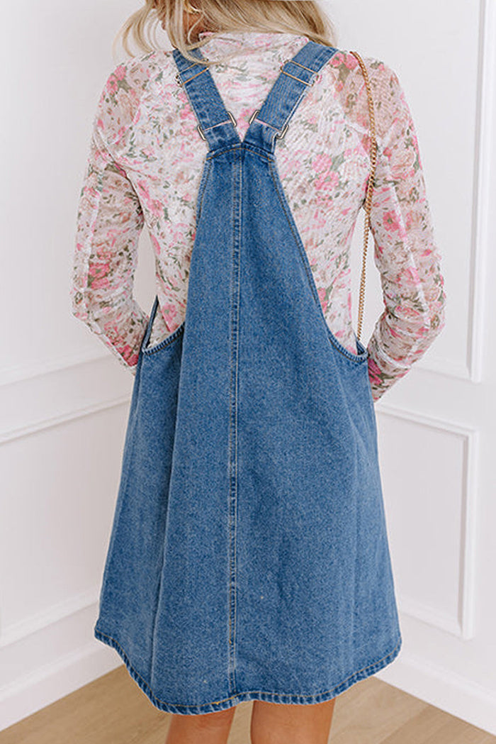 Medium Grey Wide Strap Button Front Pocketed Denim Mini Dress - Dresses/Mini Dresses