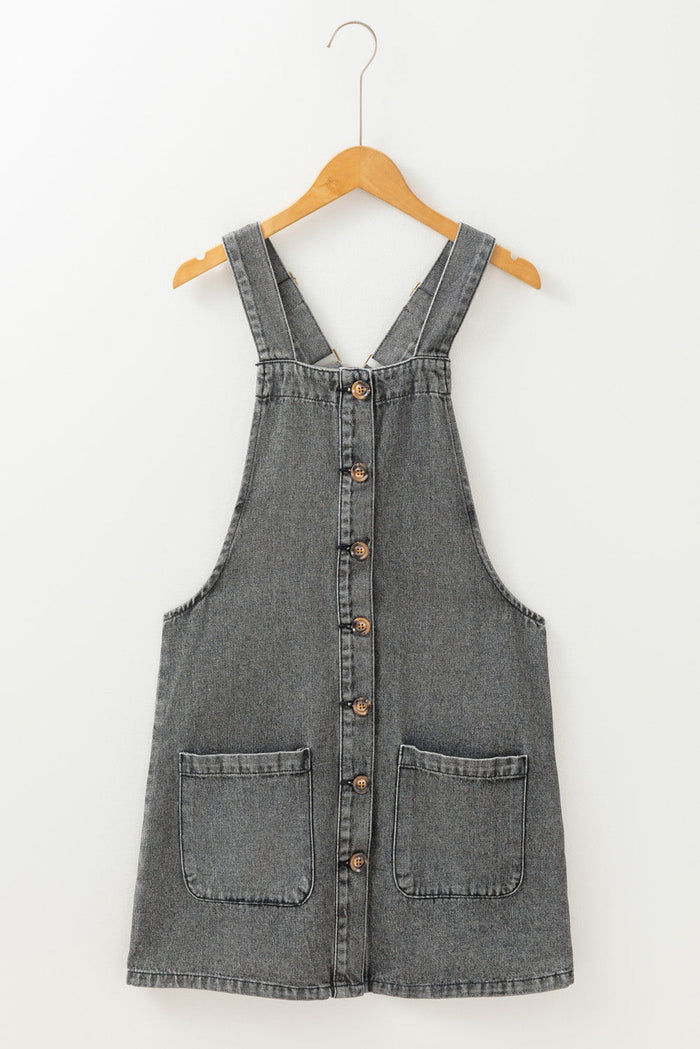 Medium Grey Wide Strap Button Front Pocketed Denim Mini Dress - Dresses/Mini Dresses