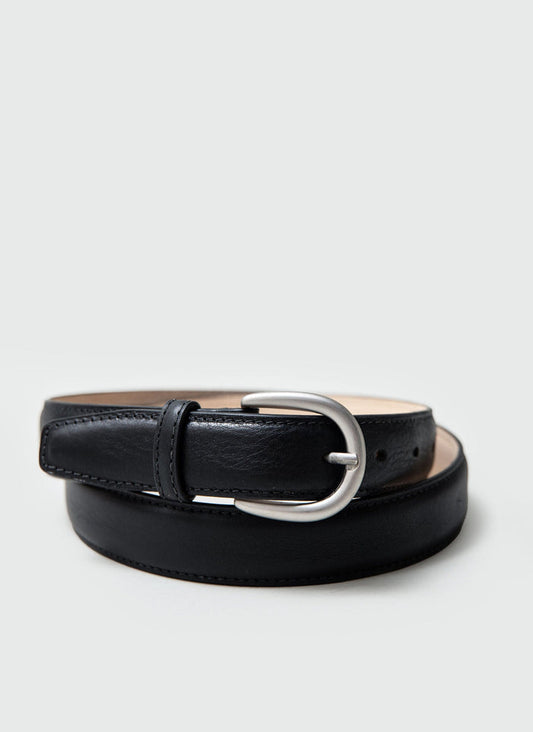 The black leather Men's Dress Belt by Percival, shown coiled up with its silver buckle on a clean white studio background.