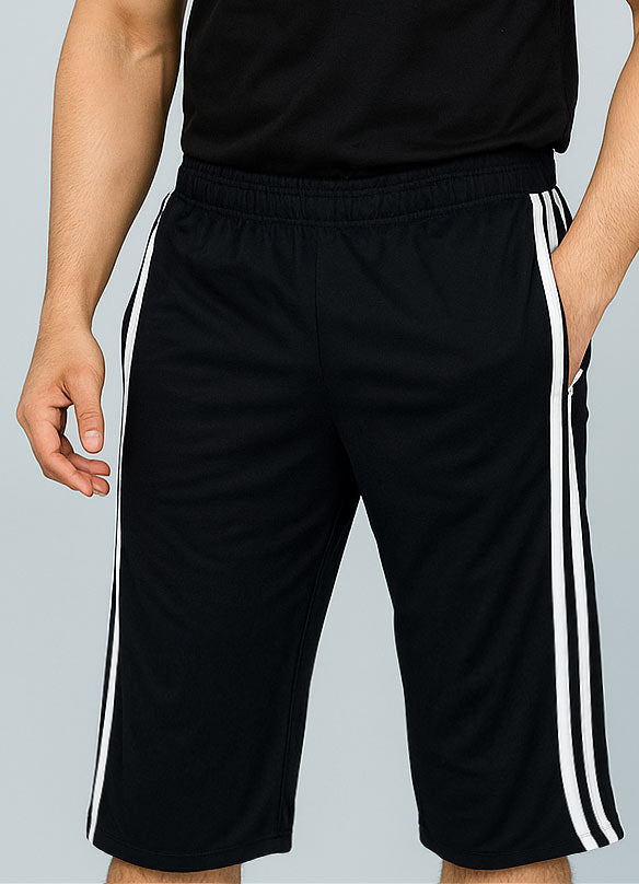 Men's Side Stripe Long Cotton Summer Three Quarters Shorts ( Black ) - Hinz Clothing