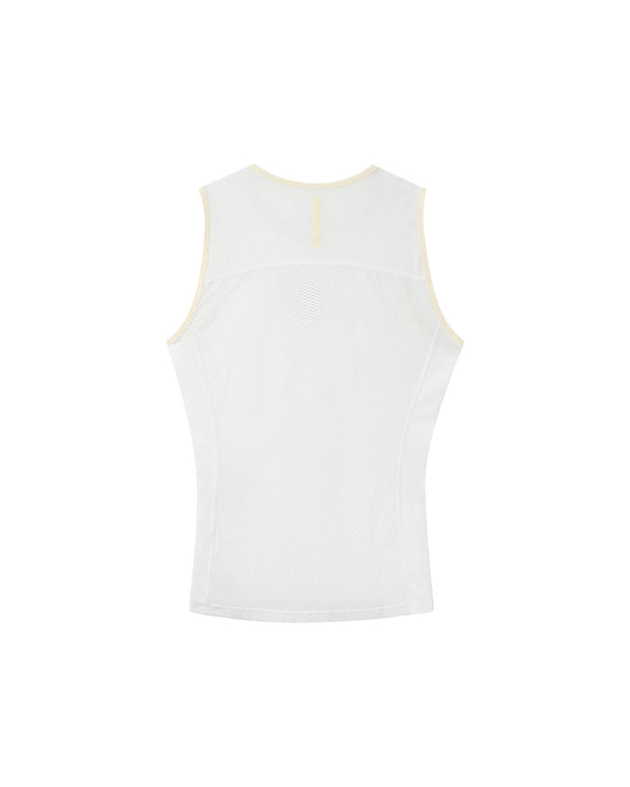 Studio flatlay photo of the Angry Pablo Core System mesh sleeveless base layer in white back view