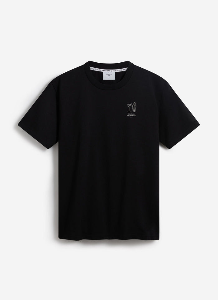 The Percival Mixologist t-shirt in black organic cotton, laid flat to show the front view and chest graphic.