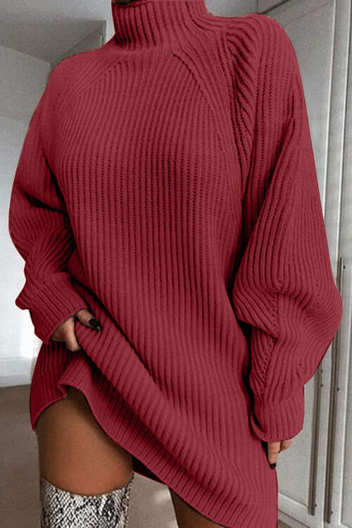 Mock Neck Dropped Shoulder Sweater Dress - Madikfashions.com