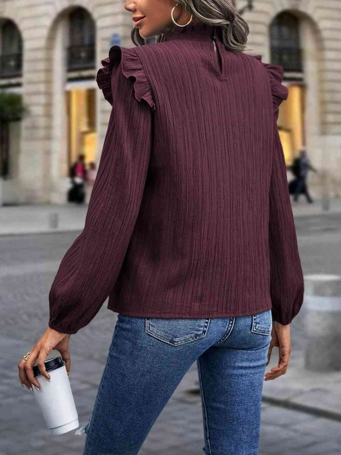 Mock Neck Ruffle Shoulder Blouse - Madikfashions.com
