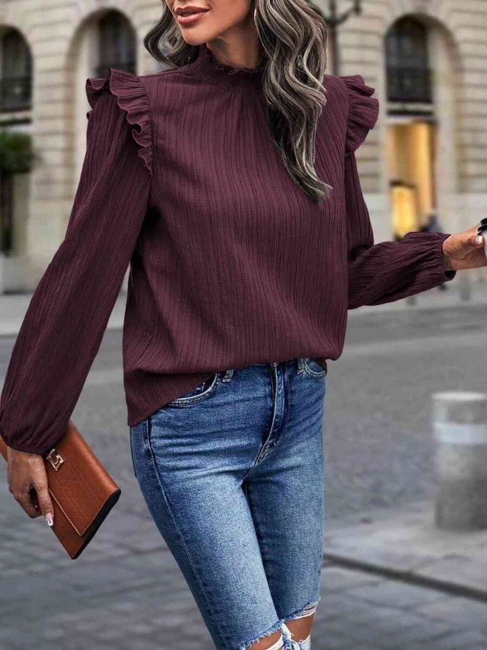 Mock Neck Ruffle Shoulder Blouse - Madikfashions.com