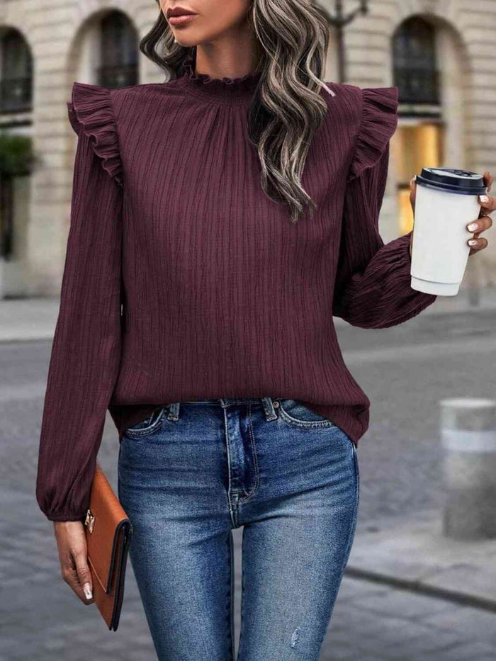 Mock Neck Ruffle Shoulder Blouse - Madikfashions.com