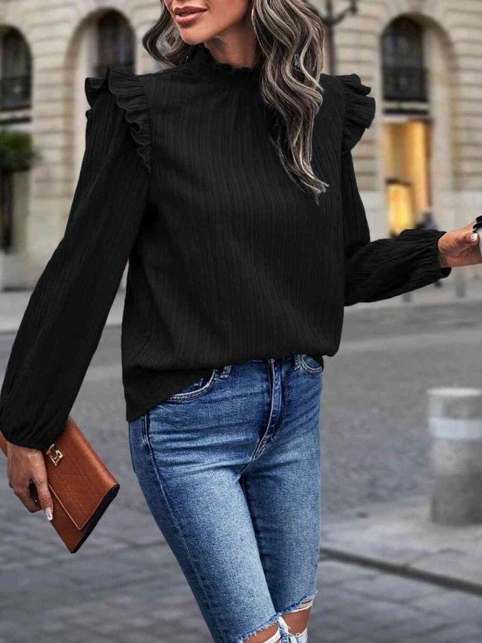 Mock Neck Ruffle Shoulder Blouse - Madikfashions.com