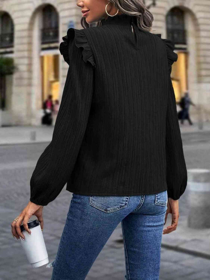 Mock Neck Ruffle Shoulder Blouse - Madikfashions.com