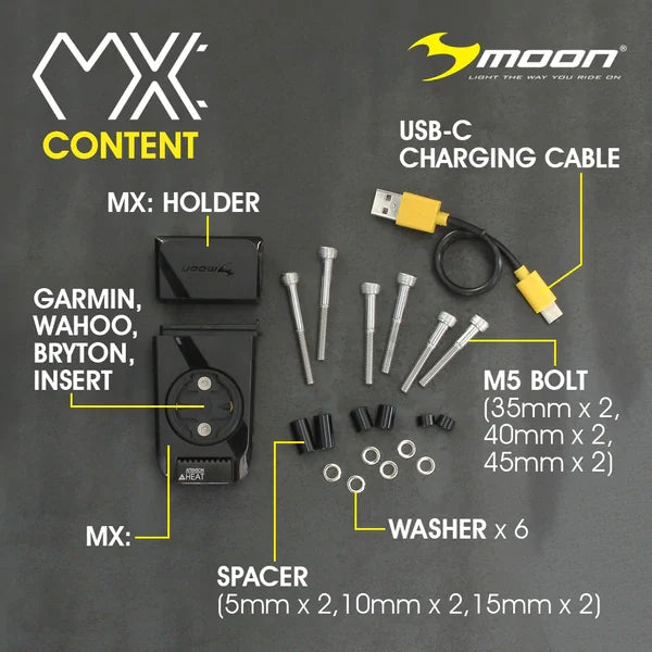 Moon MX: Cycle Computer Mount / Integrated 400 Lumens Front White Light
