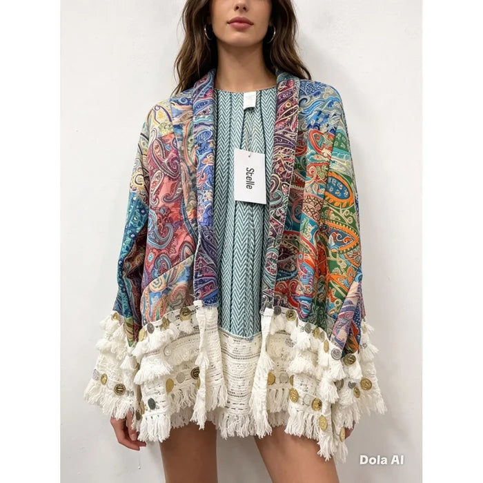 Multi-color paisley kimono jacket with an open front, white fringe trim, and metallic coin accents along the hem.