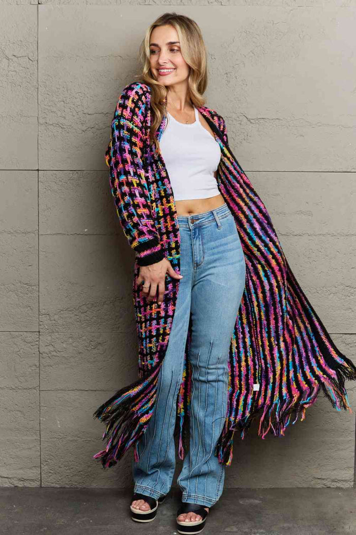 Multicolored Open Front Fringe Hem Cardigan - Madikfashions.com