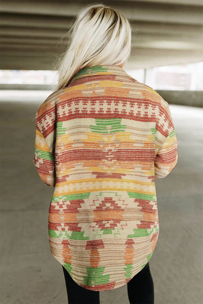 MultiColour Western Aztec Print Button Flap Pocket Shacket - Outerwear/Jackets