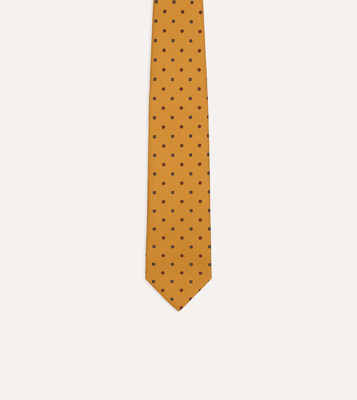 Mustard Flowers and Diamonds Print Silk Self Tipped Tie