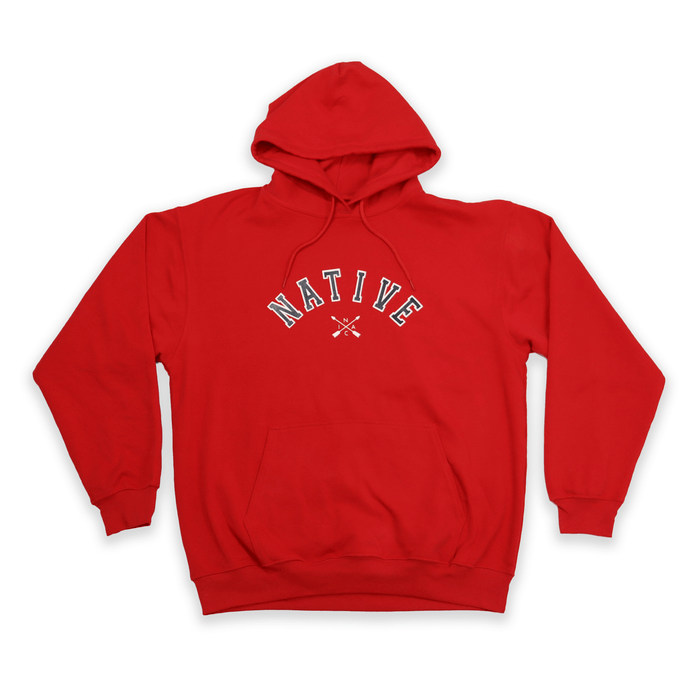 Native Collegiate Hoodie in red, showcasing Native American heritage and collegiate style with a cozy design.