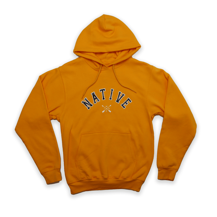Native Collegiate Hoodie in bright yellow with 'NATIVE' design, perfect for showcasing style and pride.