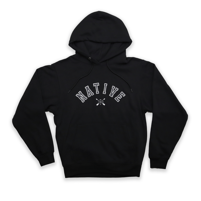 Native Collegiate Hoodie in black featuring the word 'NATIVE' in bold white letters, perfect for stylish warmth.