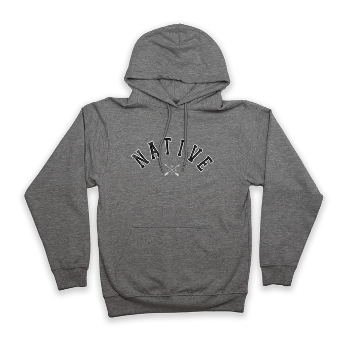 Native Collegiate Hoodie in gray, featuring 'NATIVE' text for a stylish and warm look.