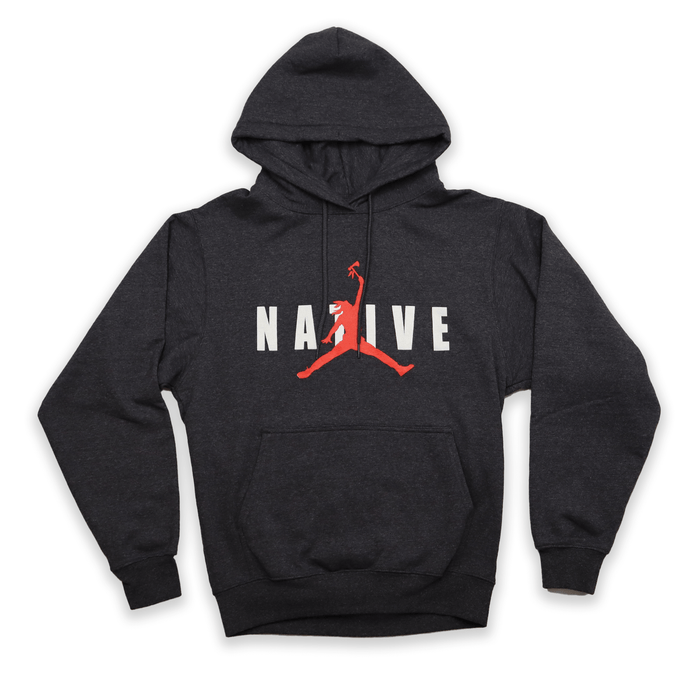 Black hoodie with a red and white logo on a white background